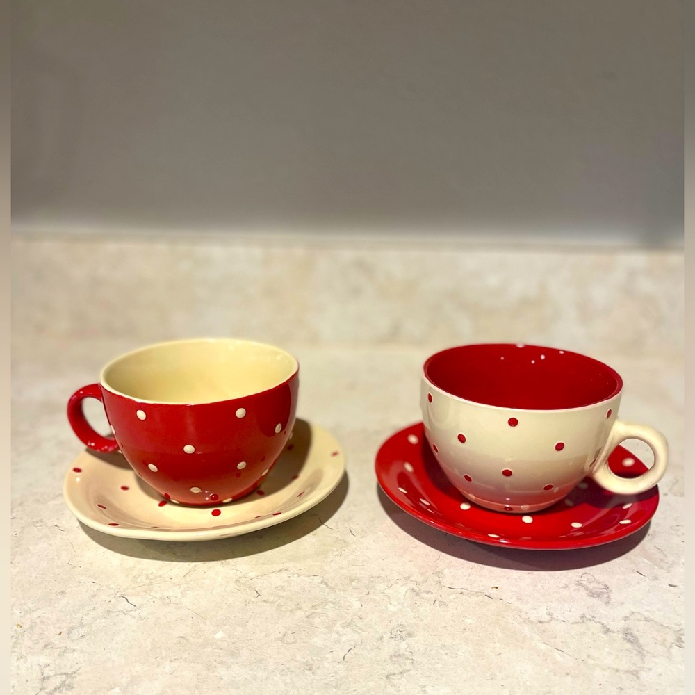 Home Essentials and Beyond Two Tone Dots Collection 2 cups with saucers